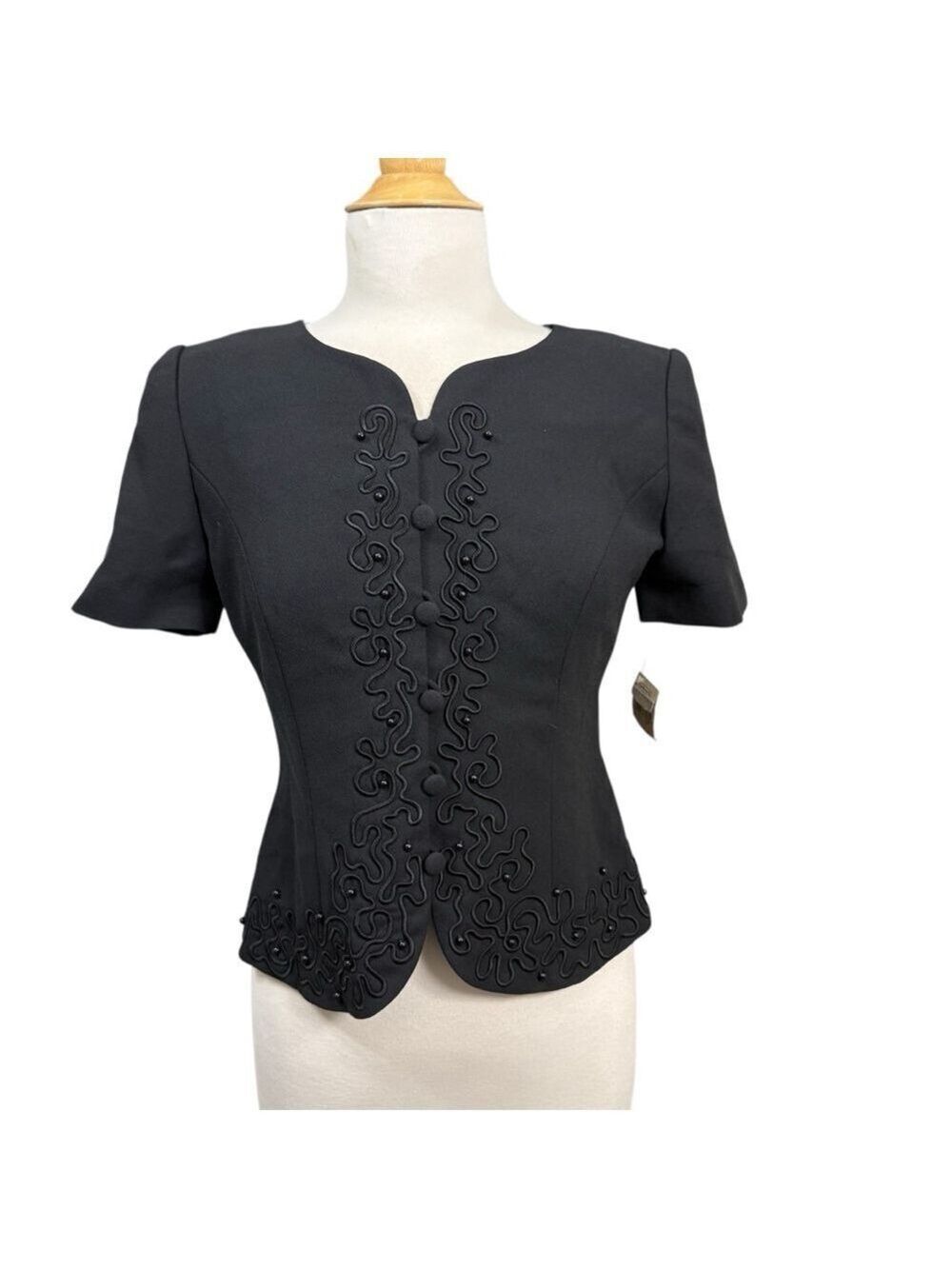 Vintage Talbots Petites Black Embellished Short Sleeve Blazer 6P